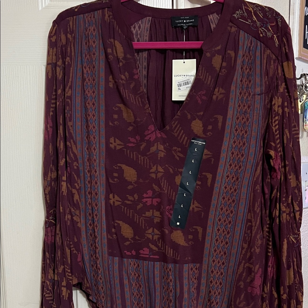 Lucky Brand Burgundy Boho V-Neck Blouse with Rust and Blue Accents